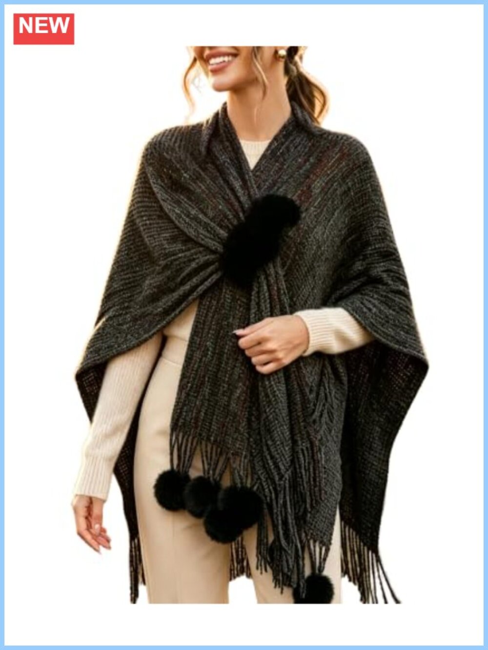 Womens Knit Poncho Shawl Wrap Cape with Tassels Pompoms One Size Loose Fit